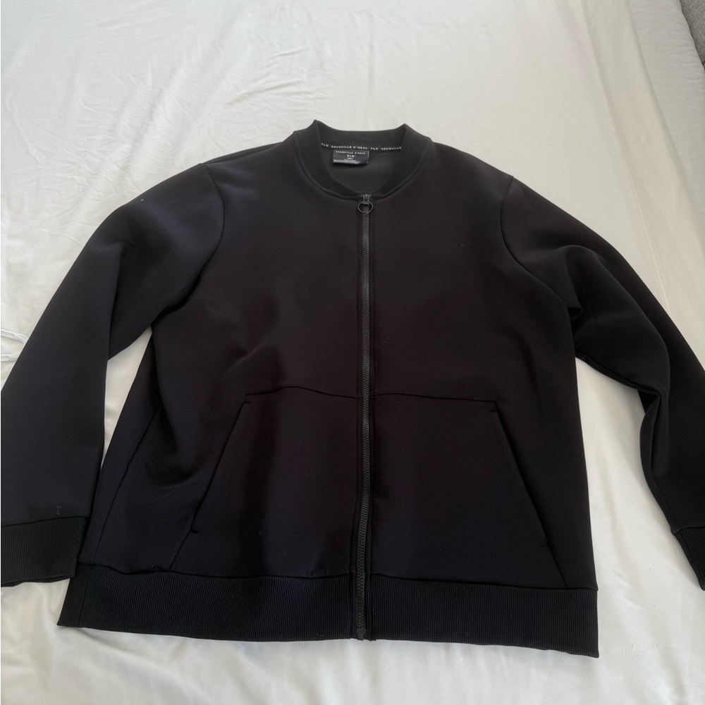 Black Bomber Jacket with Stand-Up Collar and Zip-Up Style